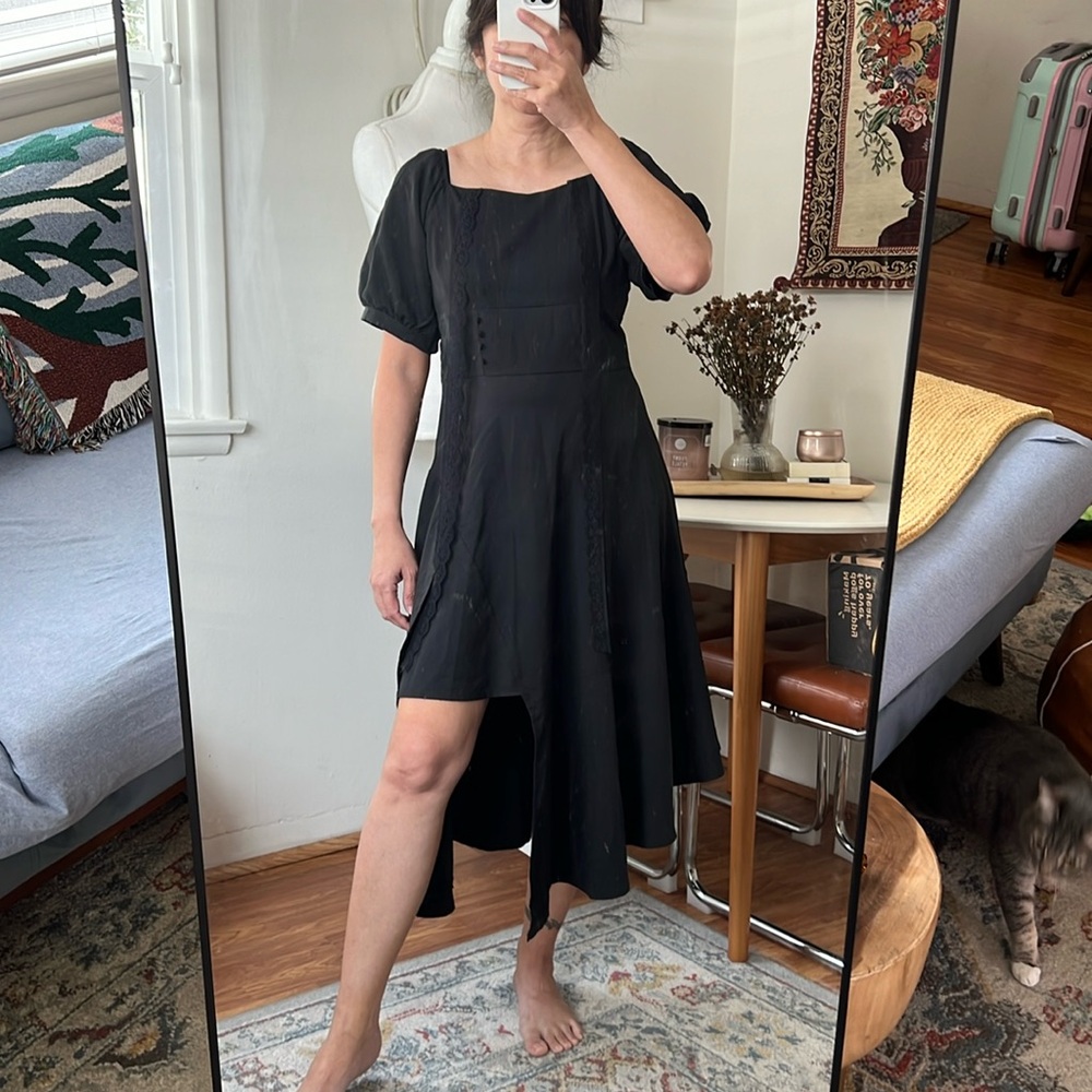 Black Corset Lace Detail Cascading Hem Dress Size M
